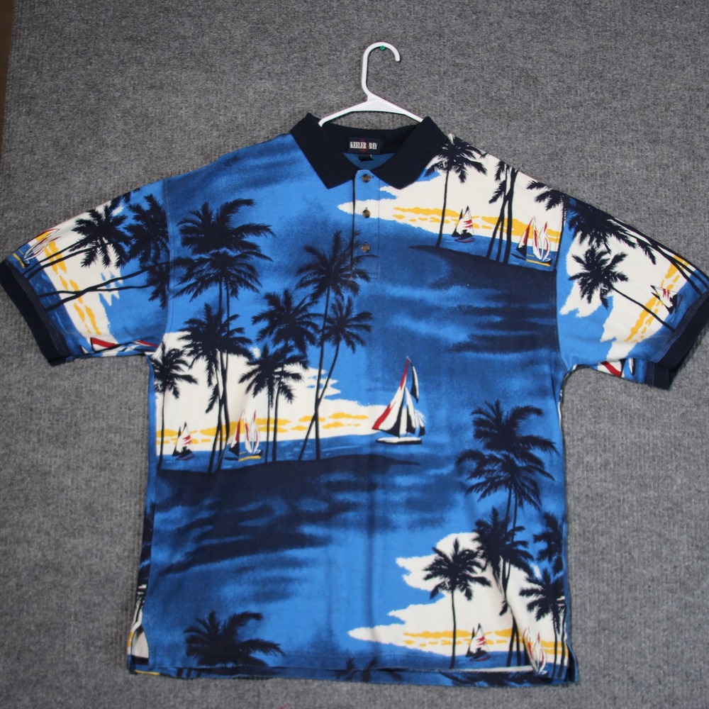 Keeler Bay 2XL‎ Mens Blue Palm Tree Sailboat Print Polo Shirt Casual